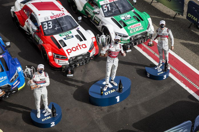 Prize giving ceremony, 4 Robin Frijns (NED, Audi Sport Team Abt Sportsline, Audi RS 5 DTM), 33 René Rast (GER, Audi Sport Team Rosberg, Audi RS 5 DTM), 51 Nico Müller (SUI, Audi Sport Team Abt Sportsline, Audi RS 5 DTM), 2020 DTM Zolder;