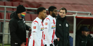 1.FC Köln vs. Hertha BSC Berlin, 16. Spieltag, 16.01.2021, 15.30 Uhr, Mitte von links: Ismail Jakobs 1.FC Köln, Anthony Modeste 1.FC Köln Foto(c)imago images / Herbert Bucco